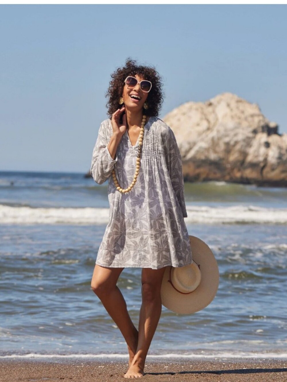 Sheer Swim Dress Light Leaf Tropical Plant Print Tunic Beachy Cotton Flowy Small